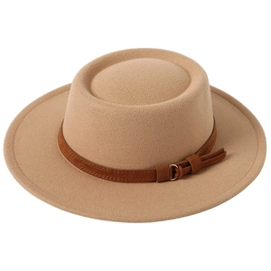 Classic light camel wool felt wide brim fedora hat with decorative brown leather strap