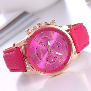 Fashionable women's rose gold quartz watch with a stylish pink faux leather strap