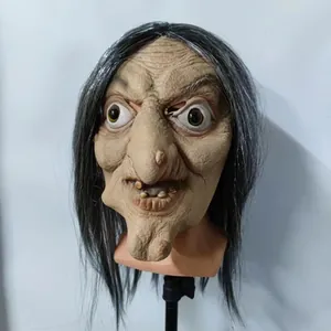 Detailed realistic scary witch latex mask with long gray hair and wrinkled skin texture