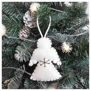 White felt angel Christmas ornament with brown stitching and snowflake embroidery