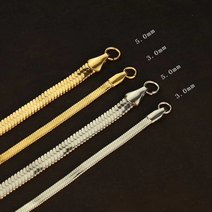 Detail showing 3mm and 5mm snake bone chains in gold and silver stainless steel finishes
