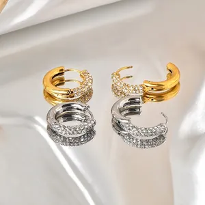 Titanium Steel Hoop Earrings With Micro Pave Cubic Zirconia Round Polished Punk Style Jewelry For Women