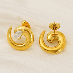 18K gold plated stainless steel spiral earrings with pear cut clear gemstone stud
