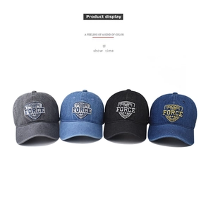 Four vintage washed denim baseball caps with FORCE embroidery in multiple colors