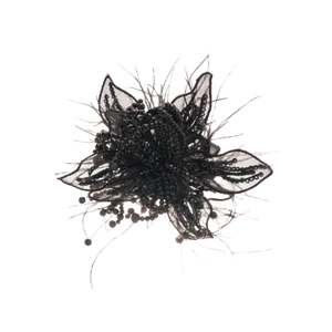 Elegant black fabric butterfly hair claw clip with pearls, feathers and mesh tassels