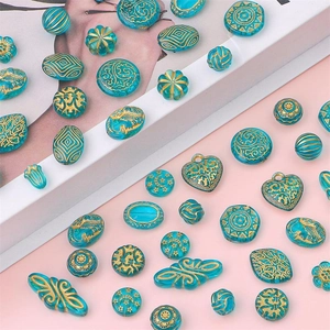 Teal and gold baroque style beads in various shapes for handmade DIY jewelry making