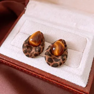 Vintage Teardrop Stud Earrings Resin Amber Leopard Print Alloy Women With 925 Sterling Silver Earring Post