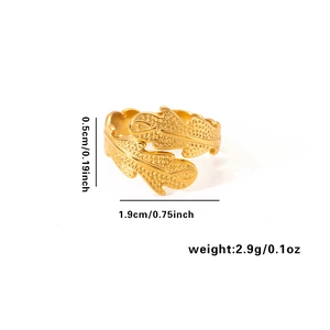 Detail view of 18k gold plated stainless steel leaf ring with dimensions and weight specs