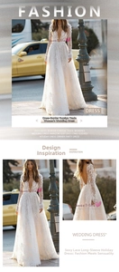 Detailed view of white lace wedding dress featuring deep V-neck and open back design