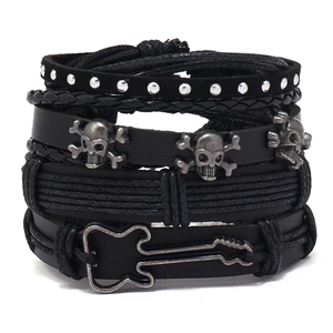 Men's multilayer leather bracelet set with silver skull and guitar metal charms
