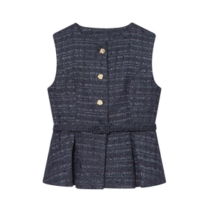 Gilet En Tweed Pour Femmes Sans Manches Col Rond Ourlet À Volants Élégant Avec Ceinture Vintage Bleu Marine