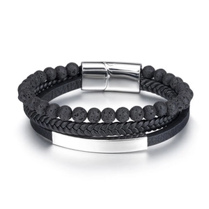 Detail of multi-layer men's bracelet with black lava stone beads and woven leather cord