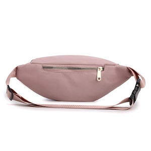 Minimalist pink nylon fanny pack with silver zippers and black buckle strap for women