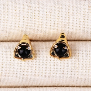 Bell Shape Stud Earrings Gold Plated Brass With Black Round Stone And Clear Rhinestone Fashion Style For Women