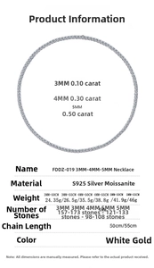 Detailed size chart for S925 silver moissanite tennis necklaces in 3mm to 5mm widths