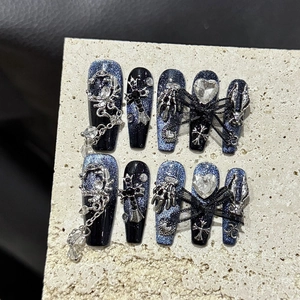Press On Nails Long Coffin Gothic Punk Dark Blue Glitter With 3D Rhinestone Metal Cross Heart Charms Handmade Luxury
