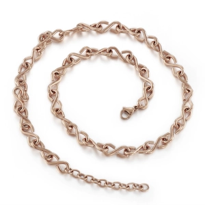 Collana a infinito 8 in acciaio al titanio oro rosa con chiusura a moschettone e catena