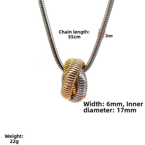 Detail view of tri-color 18K gold plated steel necklace with 55cm snake chain dimensions