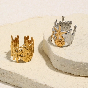 Bagues réglables en acier inoxydable or et argent avec étoile de mer et coquillage