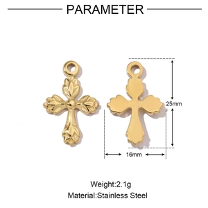 Detailed view of 25mm golden stainless steel cross pendant showing front and back textures