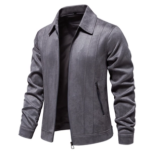 Detail of grey suede jacket featuring turn-down collar and zipped side pockets