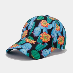 Baseball cap with tropical cactus all-over print on black breathable fabric for summer