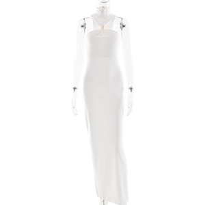 Detail view of white halter neck maxi dress with golden decorative hardware on neckline
