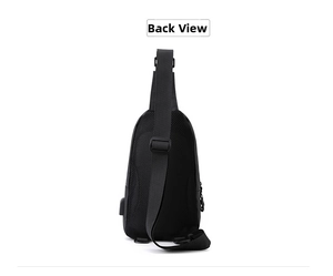 Detail view of the breathable mesh back and USB charging port on this black sling bag