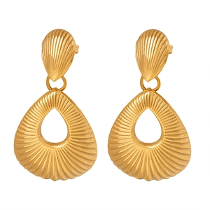 Golden titanium steel teardrop earrings with irregular textured radial stripes pattern
