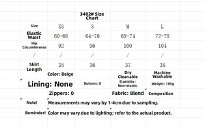 Detailed size chart for summer print skirt showing waist, hip, and length measurements