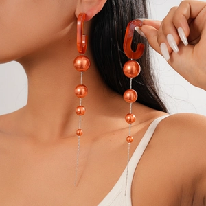 Exaggerated Long Tassel Dangle Earrings Acrylic C-Shape Gradient ABS Faux Artificial Pearl Retro With 925 Sterling Silver Earring Post