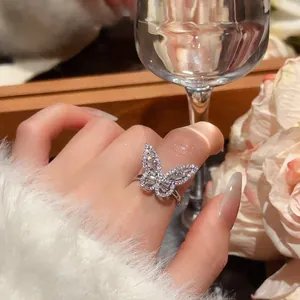 Sparkling silver butterfly adjustable ring with micro-paved zircons for elegant women
