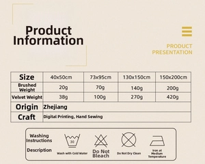 Size chart for Van Gogh sunflower tapestry with fabric weight and washing instructions