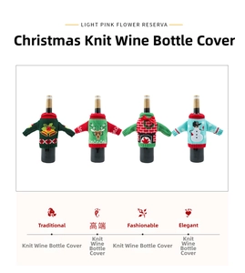 Set of four knitted Christmas wine bottle covers with reindeer, snowman and bell patterns