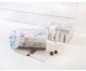 Close-up of a clear plastic storage bin with ergonomic handle for organizing stationery
