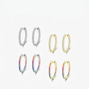 Hoop Earrings With 925 Sterling Silver Earring Post Rainbow Zirconia Micro Paved Elegant Trendy Jewelry For Women