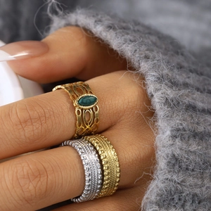 Vintage 18K gold plated stainless steel open ring set with turquoise gemstone