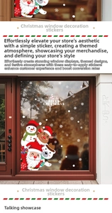 Close-up of Santa, snowman, and reindeer window stickers on a glass door