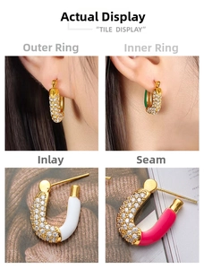 Macro views and model shots of U-shaped earrings with rhinestones and enamel details
