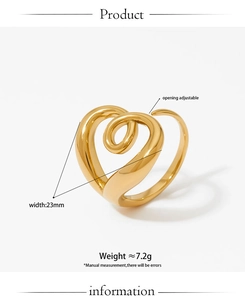 Macro view of adjustable hollow heart ring with 23mm width and polished gold finish