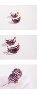 Detail of handmade purple crystal beaded C-shape earrings with gold plated multi-layer hoop