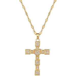 Gold titanium steel cross necklace with crystal pavé and heart center on white background