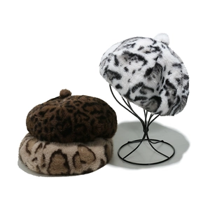 Leopard Print Beret Hat Faux Mink Fur Winter Warm Windproof Fashion Animal Pattern For Women Painter Style Accessory