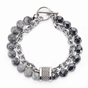 Detail of double-layer beaded bracelet with marble stones, faceted beads and silver OT clasp