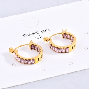18K gold plated C-shaped hoop earrings featuring pink baguette-cut zircon stones