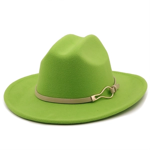 Detail of wool fedora hat in vibrant lime green with a stylish faux leather buckle band
