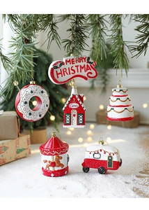 Detailed view of colorful resin Christmas ornaments hanging on a festive tree branch