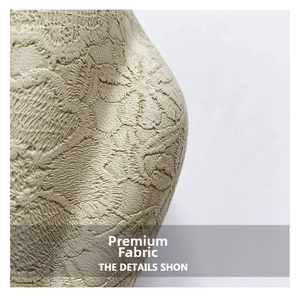 Macro shot of beige lace fabric with detailed floral embossed texture on the shell bag