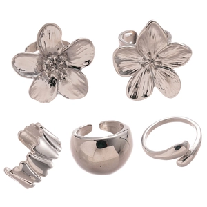 5-piece silver floral and geometric open ring set with minimalist irregular designs