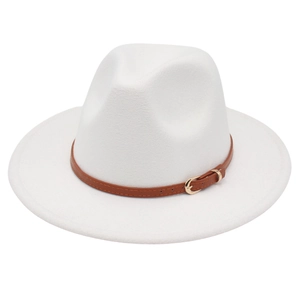 Detail of white wool cashmere fedora hat with dark brown leather belt and gold buckle